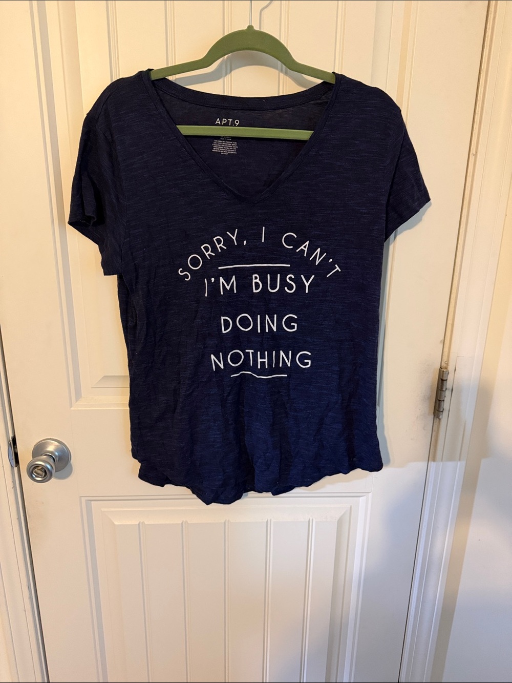 Apt. 9 Navy V-Neck Graphic Tee with White Text